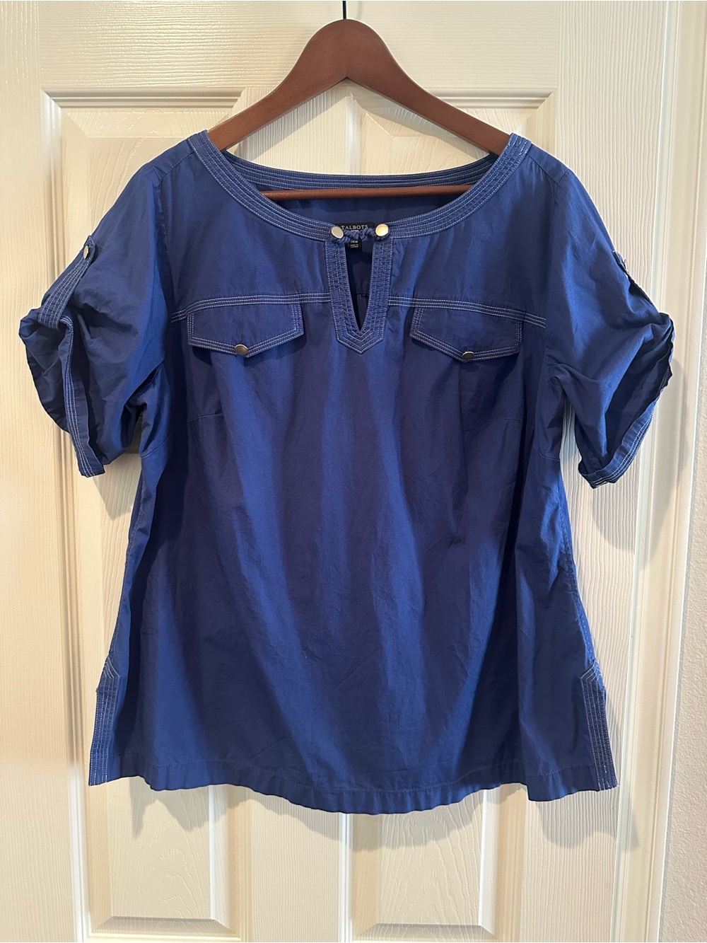Talbots Contrast Stitch Roll Tab Short Sleeve Blouse Gold Button Blue 14W